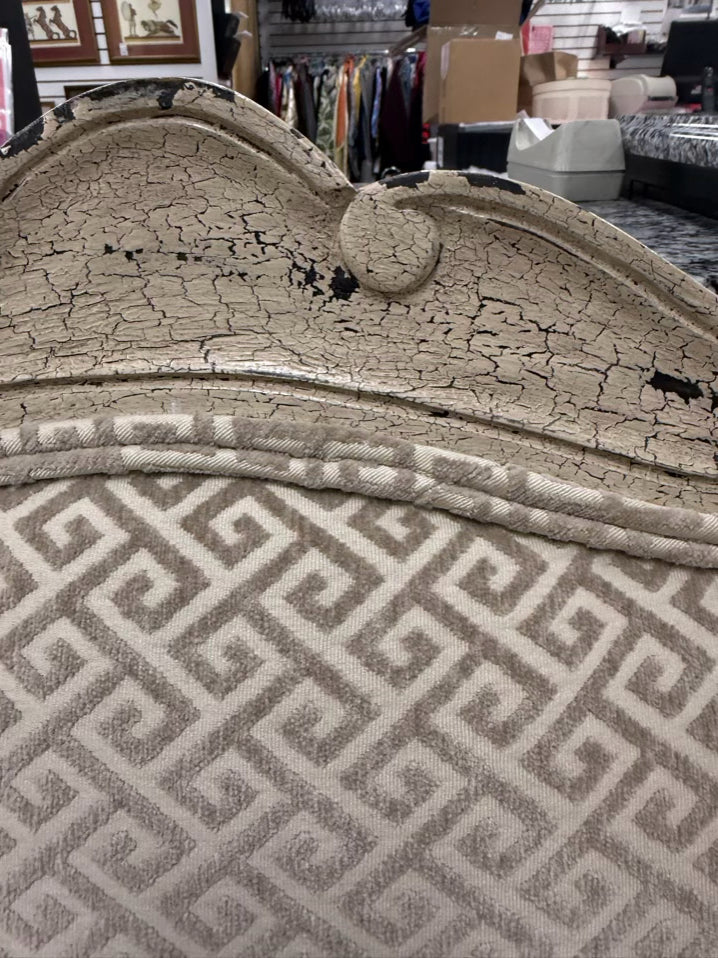 Cream Crackle Louis XV Oversized Pair Of Chairs w/ Taupe & White Fabric