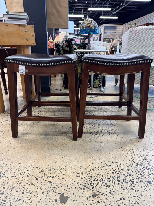 Brown Leather-look Set of 4 Counter Stools w/ Nailheads