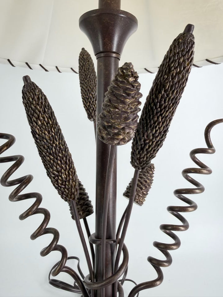 Brown Metal Cat Tail & Pine Cones Lamp w/ Shade