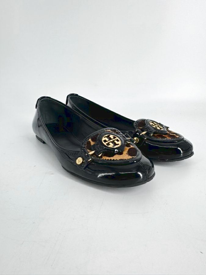 TORY BURCH Size 8 Black Leather Leopard Print Animal Hair Flats