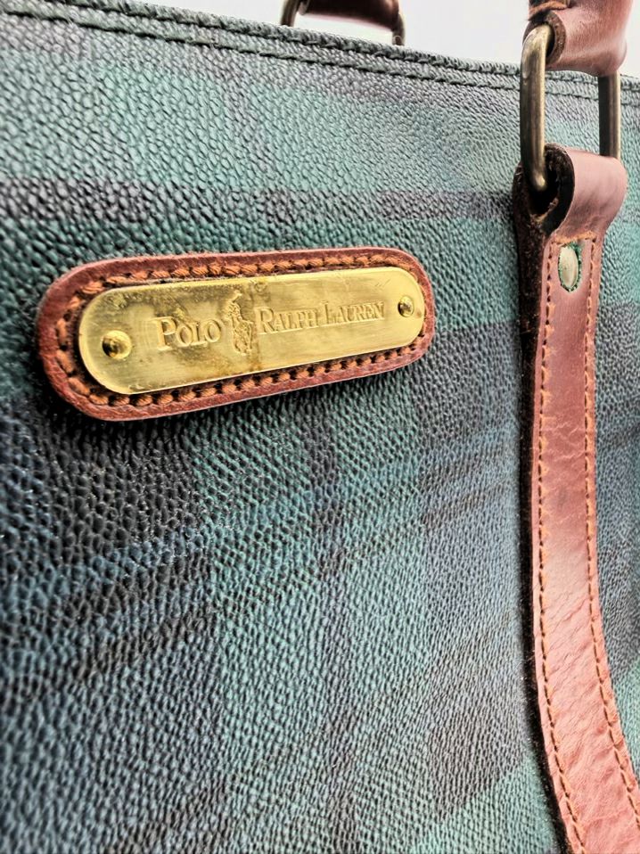 POLO RALPH LAUREN Blue & Green Coated Canvas Plaid Purse