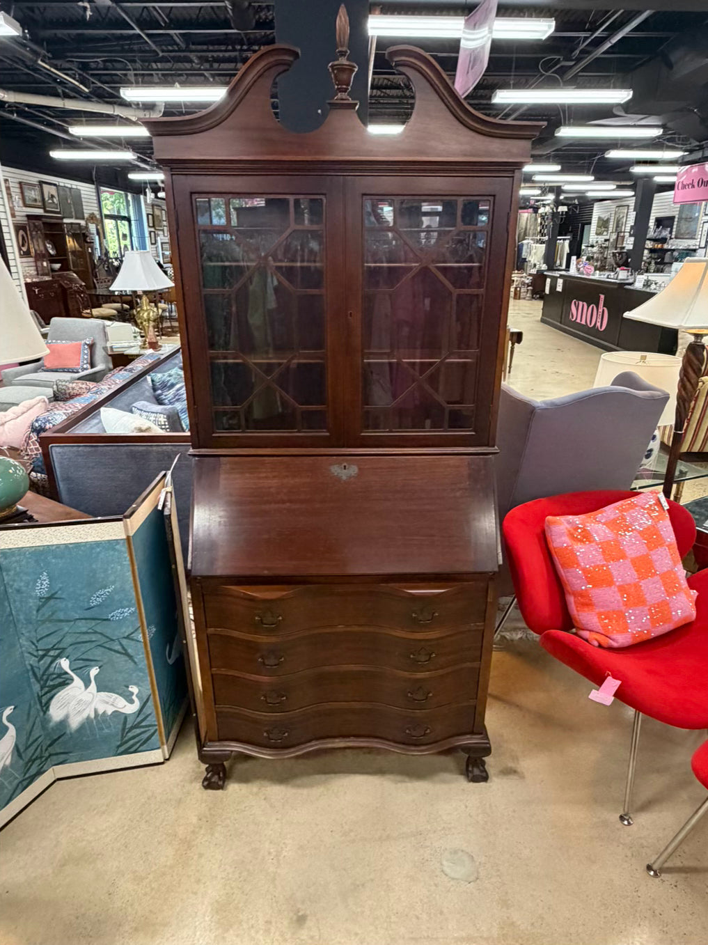 VINTAGE Dark Mahogany Secretary w/ Bookcase Top & Glass Doors