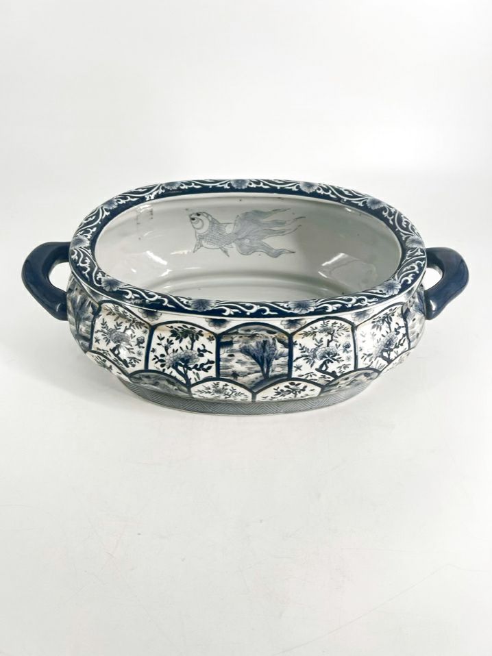 Blue & White Porcelain Oval Chinoiserie Foot Bath W/ Fish Handles