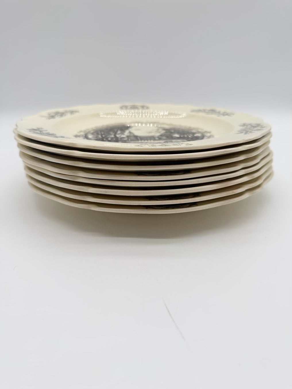 WILLIAMSBURG White & Black Transferware Set Of 8 Dinnerware Plates
