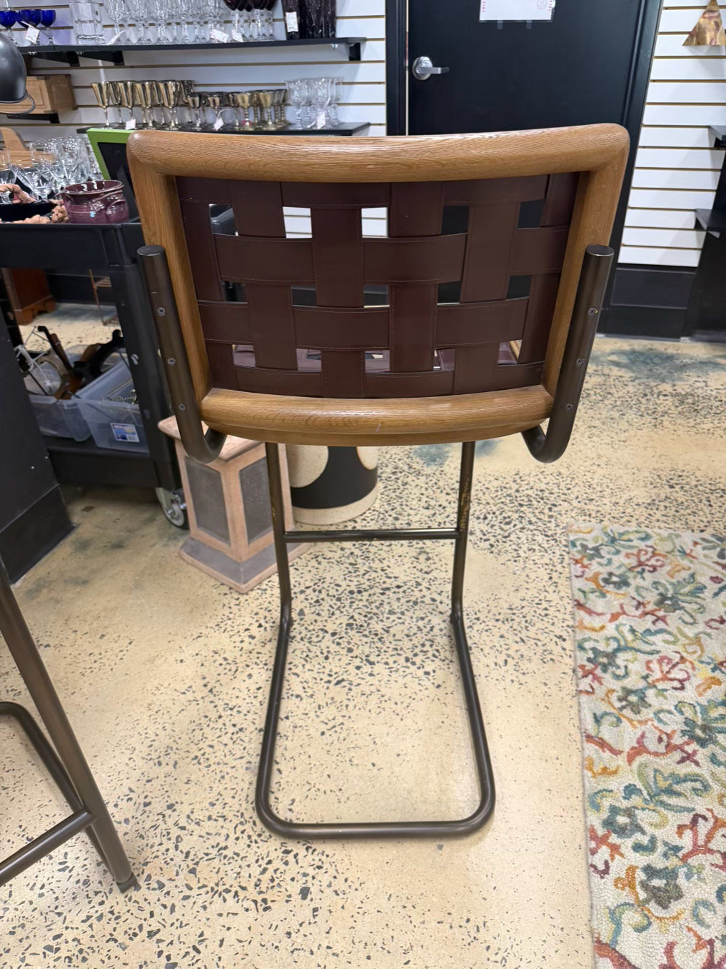 REVIVAL Brown Leather & Metal Pair Of Bar Stools