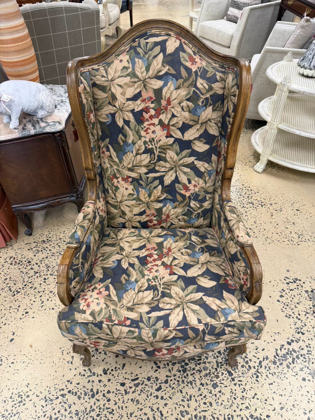 VINTAGE Blue, Red, & Cream French Floral Fabric Chair