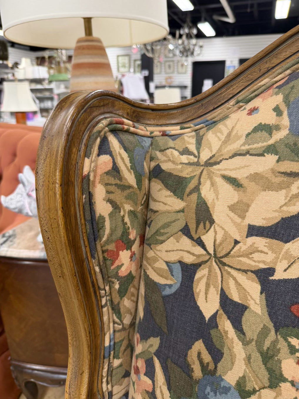 VINTAGE Blue, Red, & Cream French Floral Fabric Chair