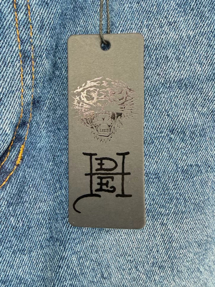 ED HARDY Size Wmn's 30 Born Free Loose Fit Wide Leg Blue Denim Print Jeans NWT