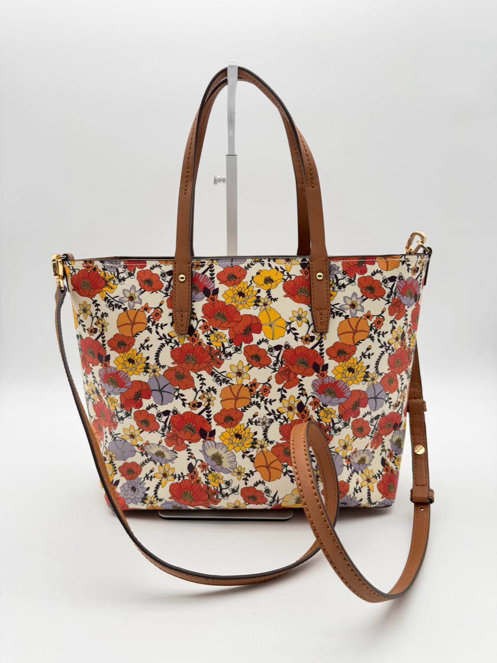 TORY BURCH Kerrington Blossom Ditsy Red & Purple Saffiano Leather Floral Purse
