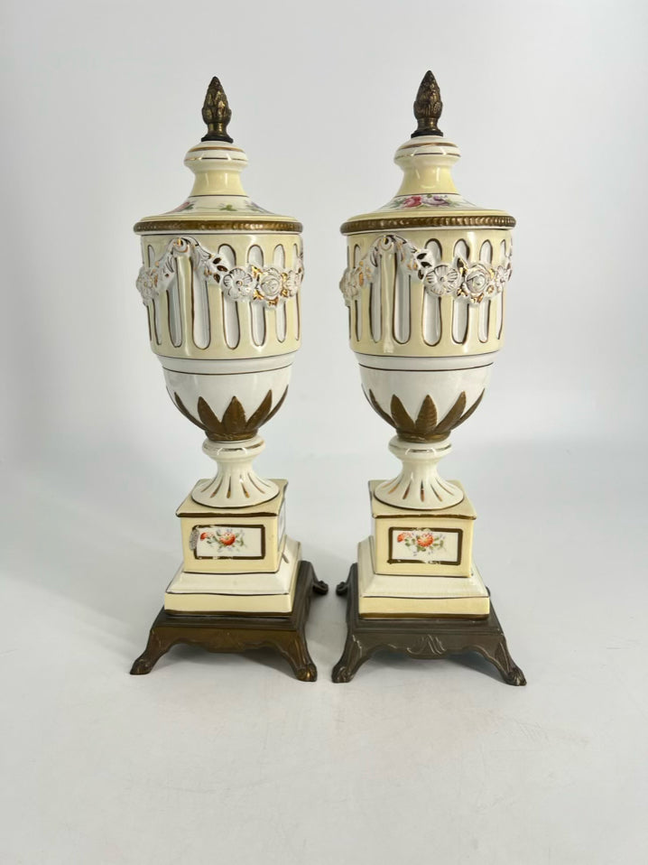 VINTAGE Cream & Yellow Porcelain Pair of Footed Urns