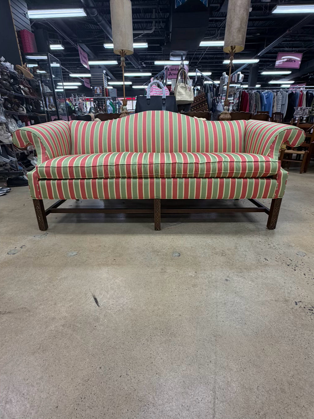 Salmon, Green & Yellow Striped Chippendale Sofa