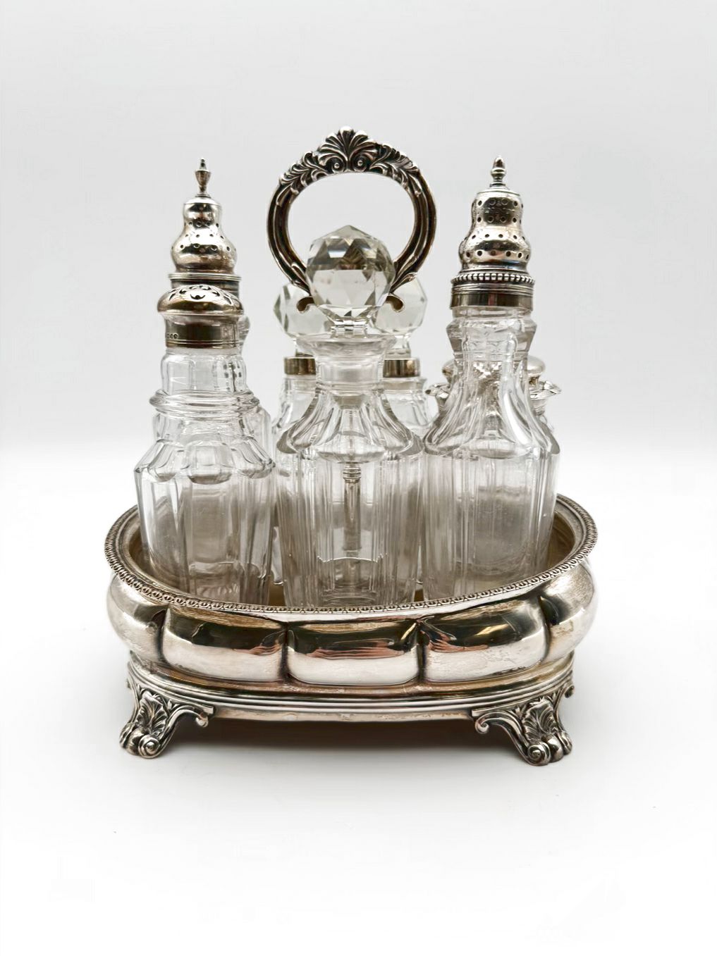 VINTAGE Silver Plate & Glass Cruet & Dispenser 7 Piece Set w/ Holder