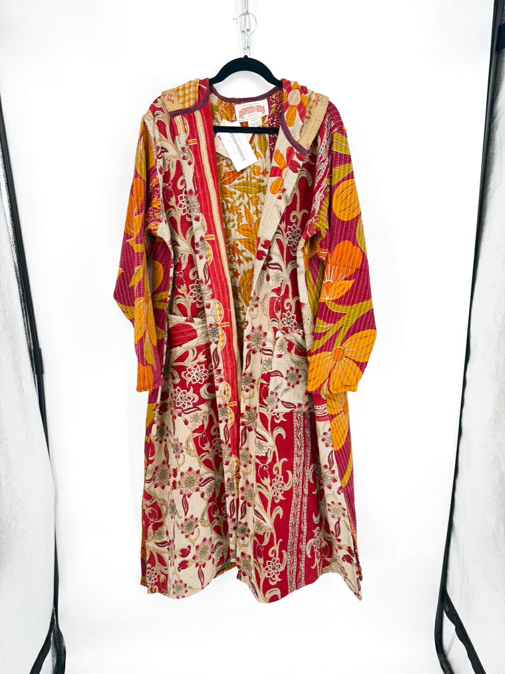 KANTHA BAE Size Wmn's Free Size Red/Beige Hooded Open Front Floral Coat