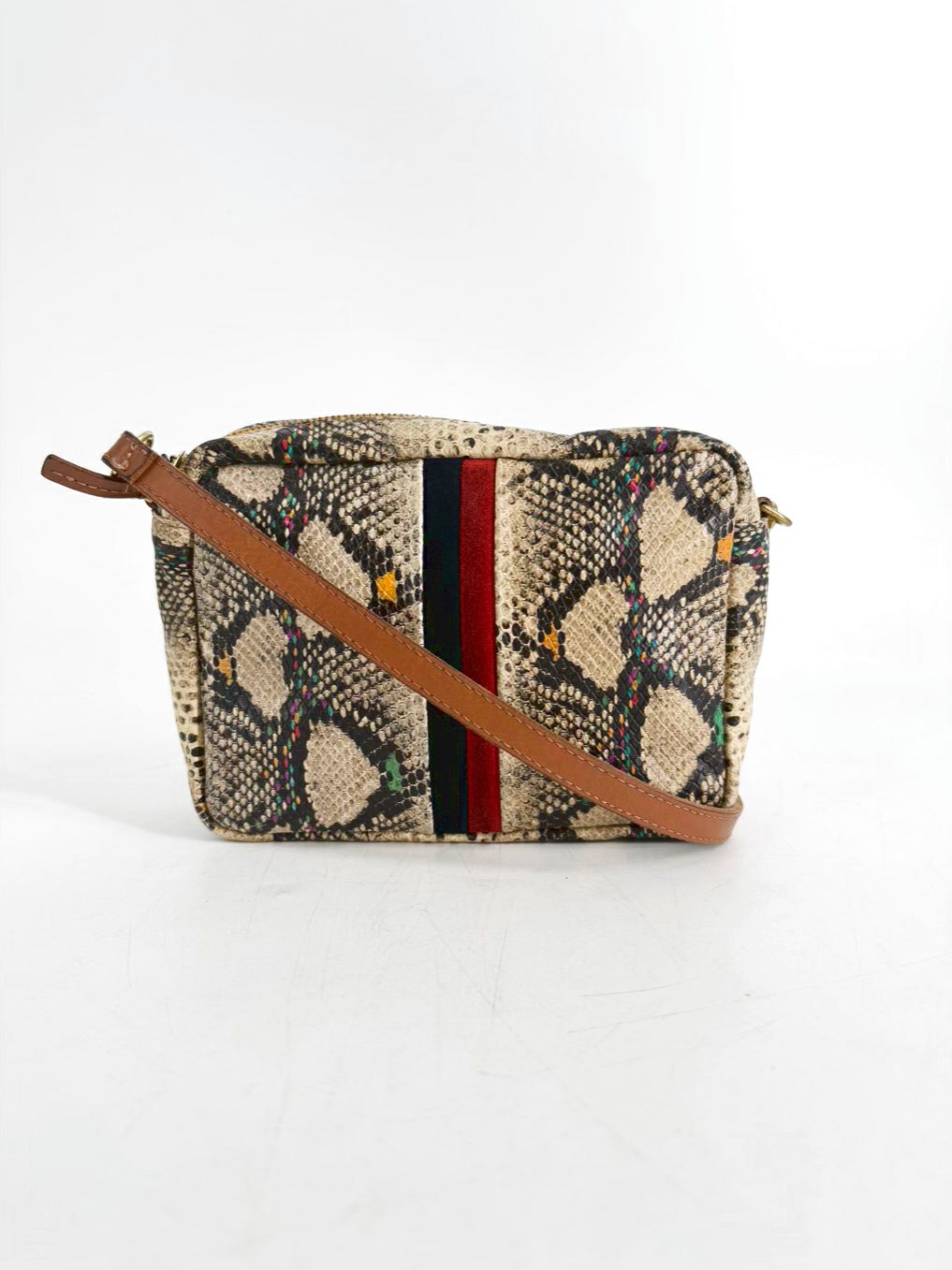 CLARE V. Midi Sac Navy & Red Stripe Snake Embossed Leather Crossbody Bag