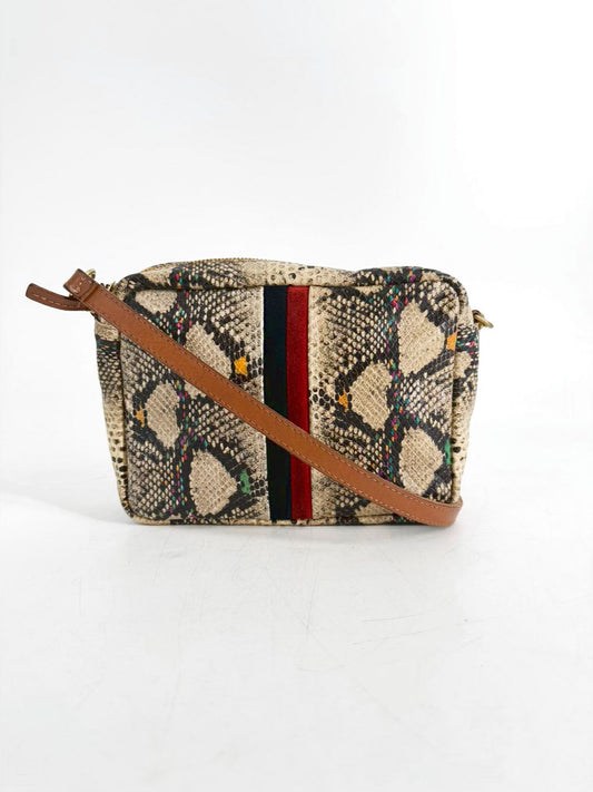 CLARE V. Midi Sac Navy & Red Stripe Snake Embossed Leather Crossbody Bag