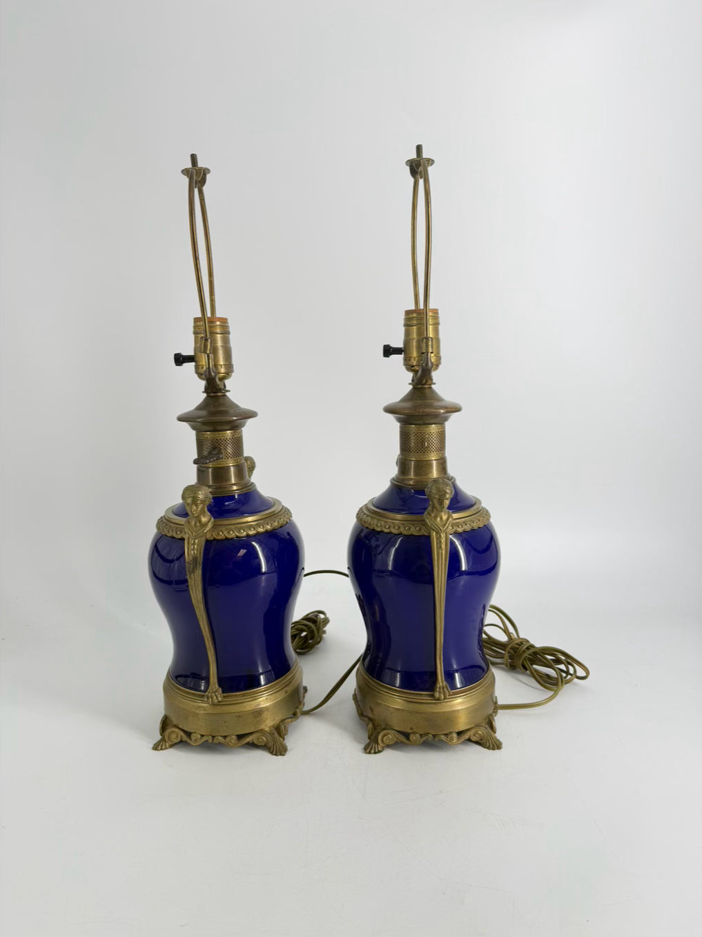 Neo Classical Cobalt Porcelain & Brass Pair Of Lamps