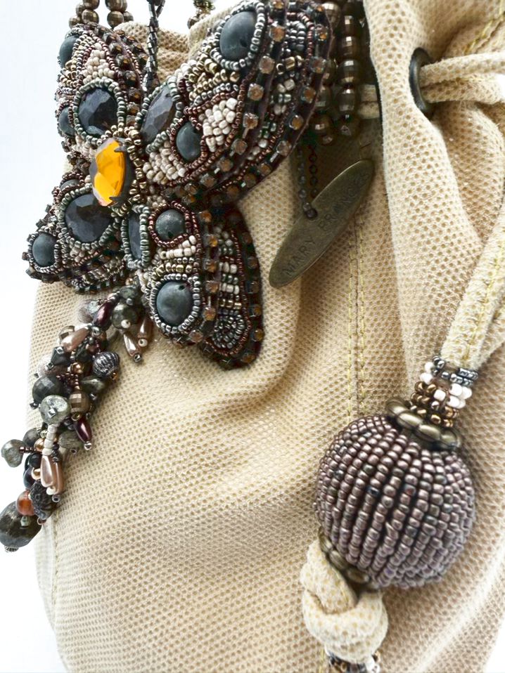MARY FRANCES Flustered Beige Beaded Butterfly Drawstring Bucket Bag