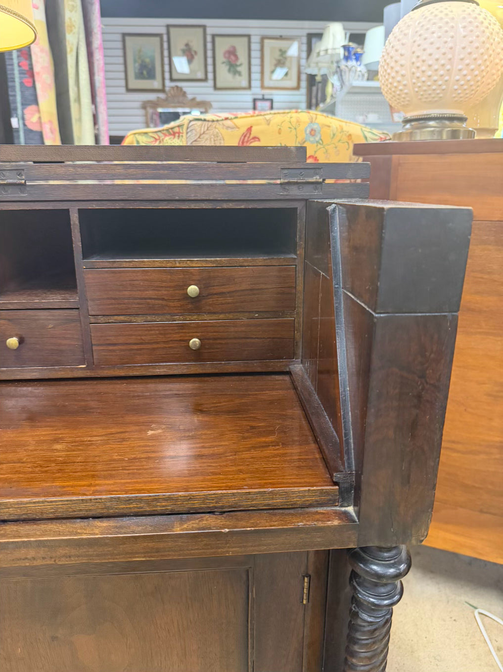 Dark Wood Drop Front Desk w/ Lower Cabinet