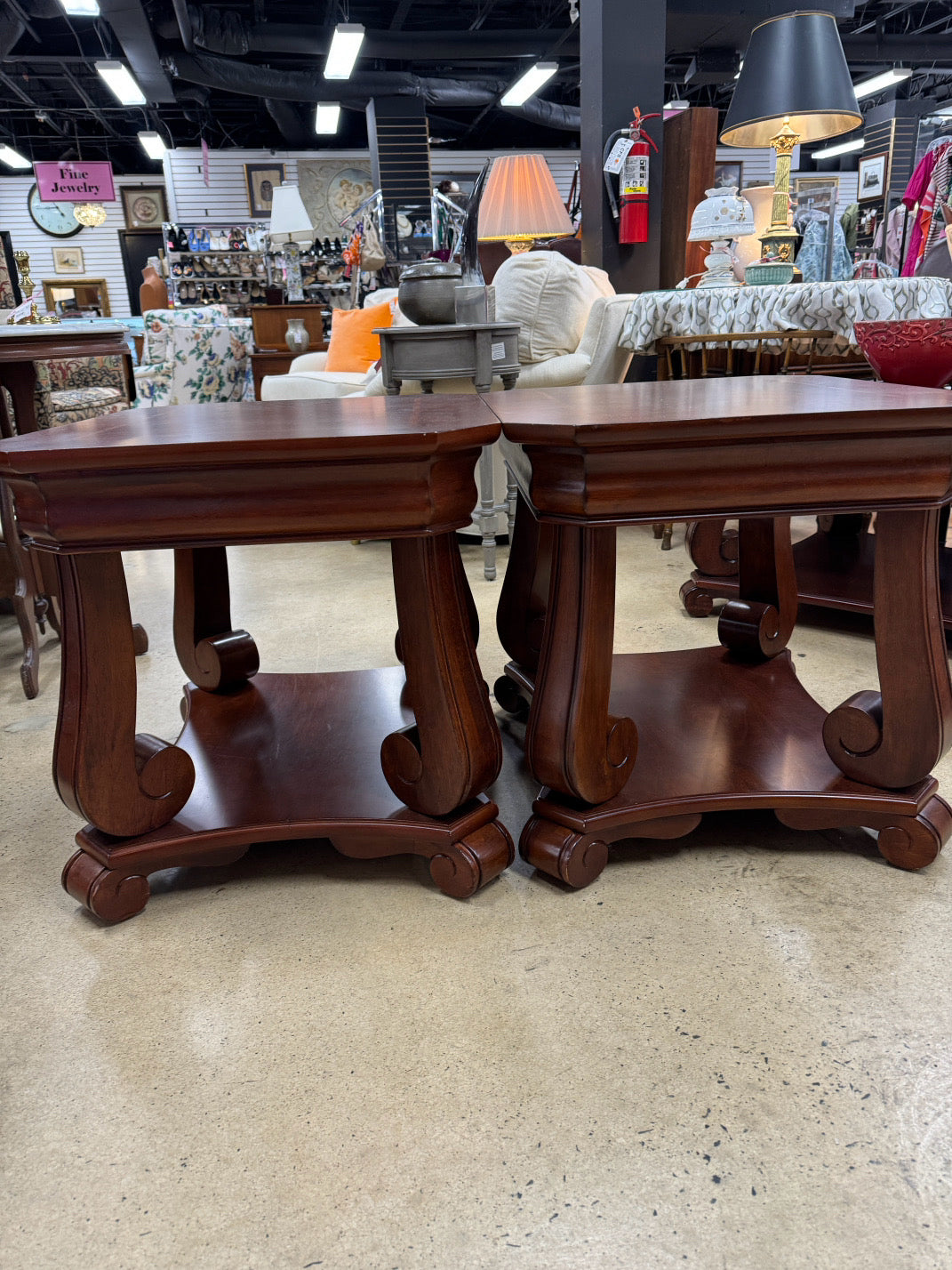 Wood Pair of Side Tables w/ Inlay Design