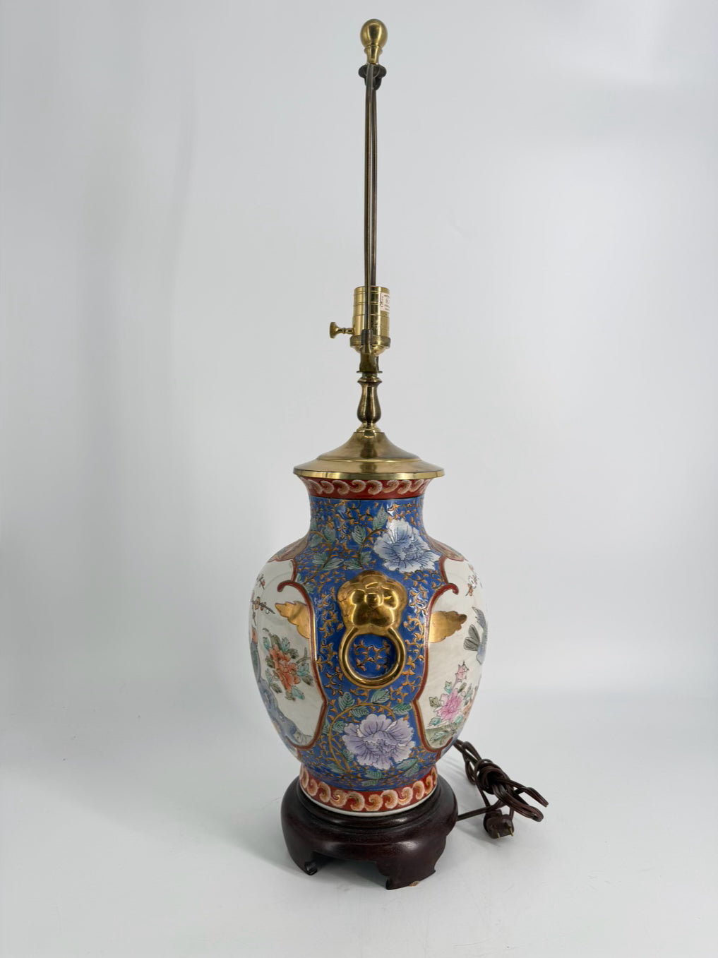 Blue, White & Rust Oriental Porcelain Birds Lamp No Shade