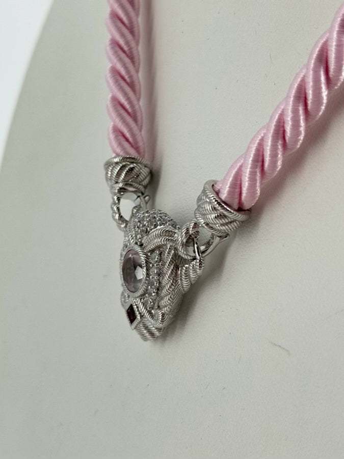 JUDITH RIPKA STERLING SILVER & Cubic Zirconia Pink Cord Necklace