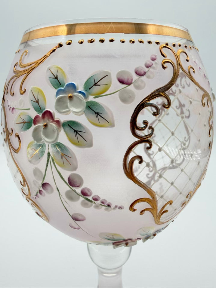 Pink , Gold & White Painted Crystal Pair Of Large Wine Glasses
