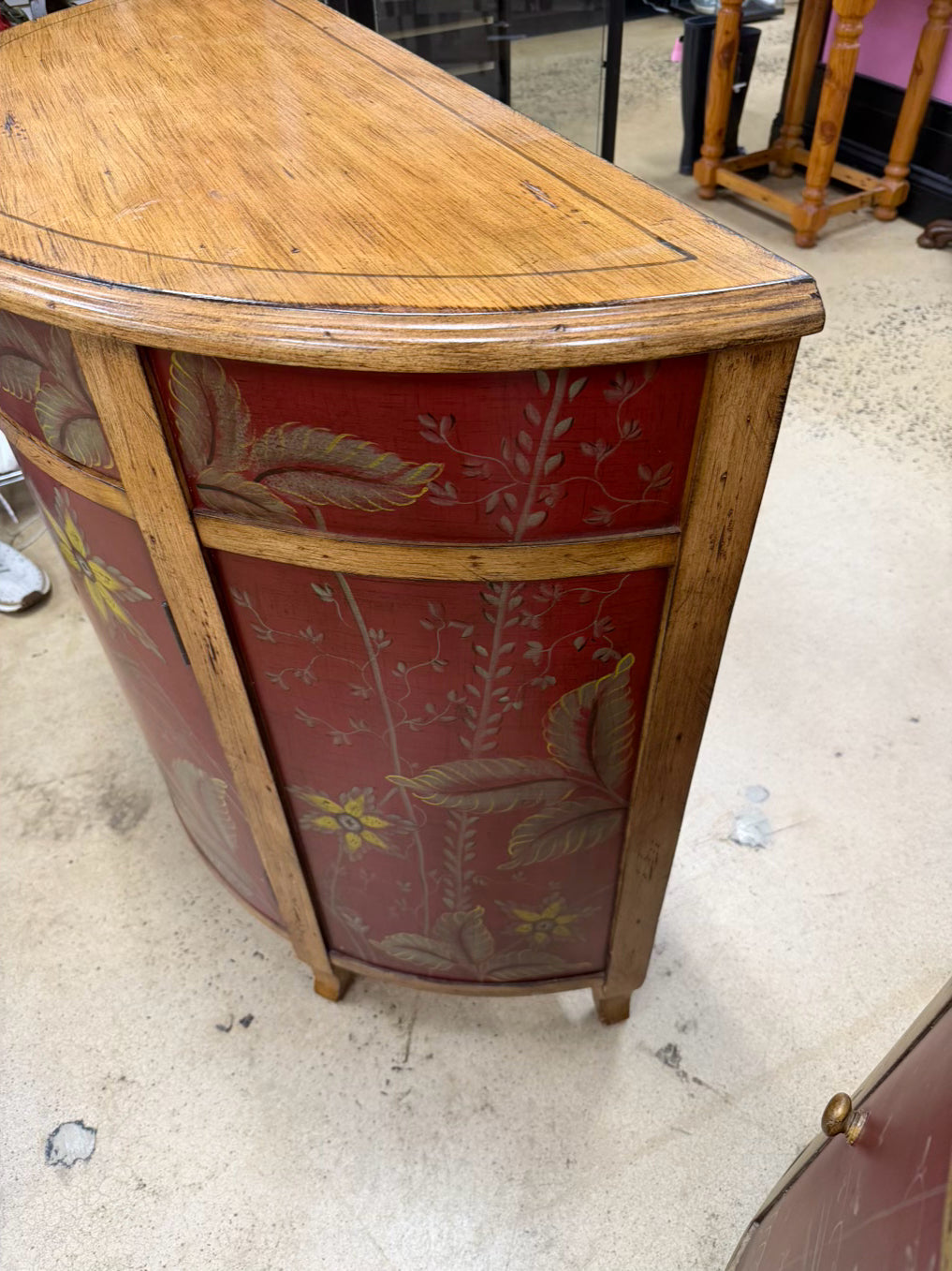 Red & Gold Demilune Birds Cabinet w/ Drawer