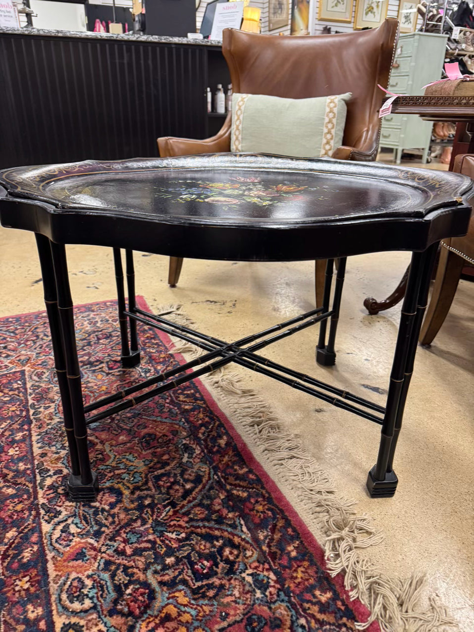 VINTAGE Wood Painted Black Flowers Coffee Table w/ Removable Tray