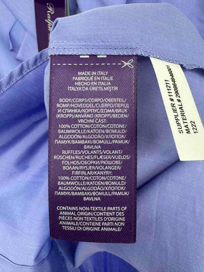 RALPH LAUREN PURPLE LABEL Size 8 Lavender Cotton Ruffle Detail Blouse NWT