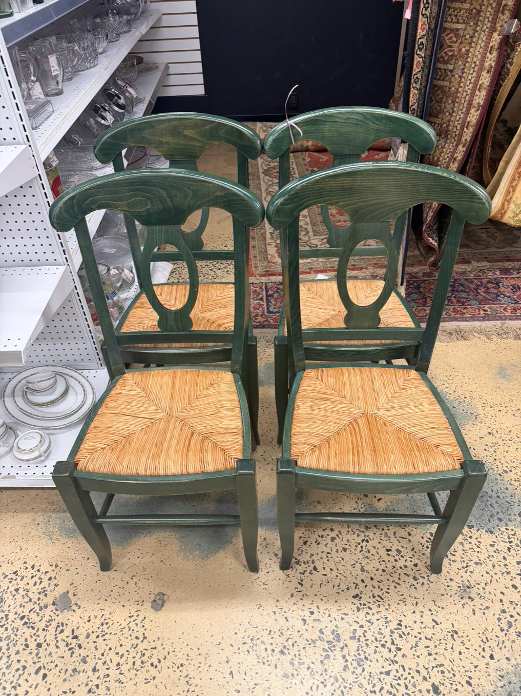 POTTERY BARN Green Wood Set of 4 Chairs w/ Rush Seats
