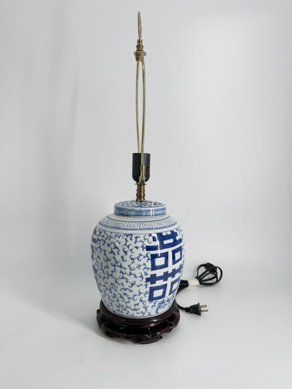 Blue & White Oriental Inspired Ceramic Ginger Jar Pair of Lamps w/ No Shades