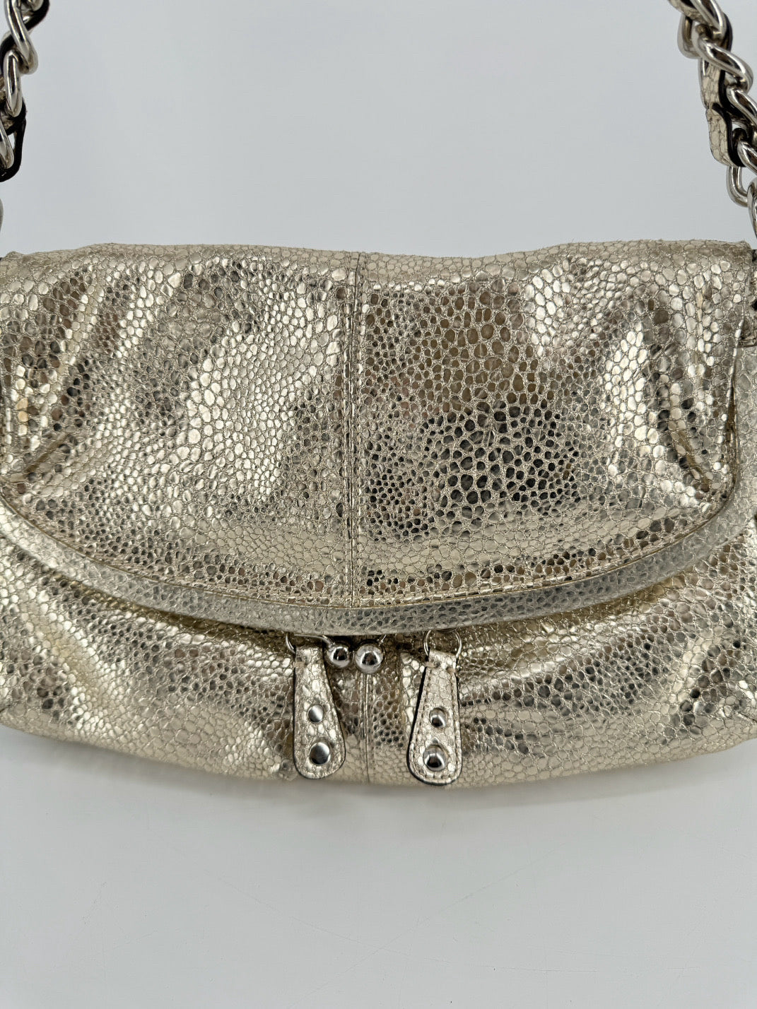 COACH Silver Textured Leather Frame Fold Over Hobo Purse