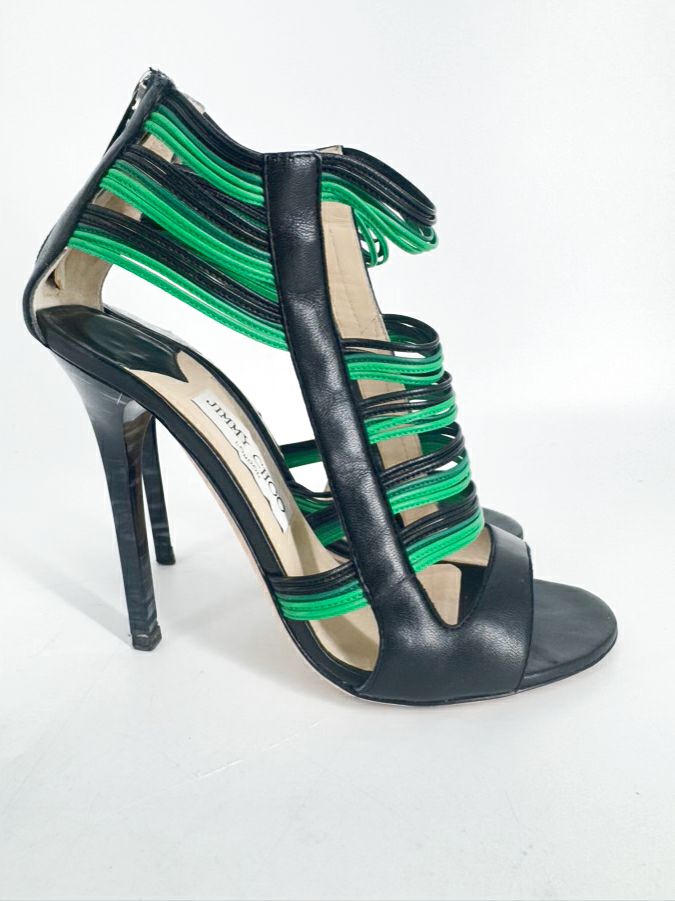 JIMMY CHOO Size 37.5 Green & Black Leather Strappy Pumps