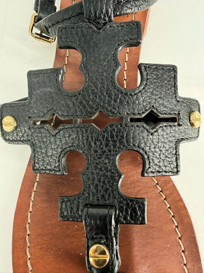 TORY BURCH Size 8 Black Leather Monogram Sandals