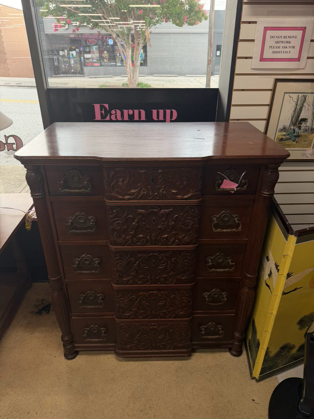 VINTAGE Wood Carved Ornate 5 Drawer Chest