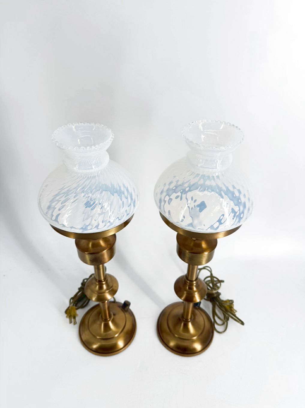 VINTAGE Mid-Century Brass Hurricane Pair Of Lamps w/ White Swirl Glass Globes