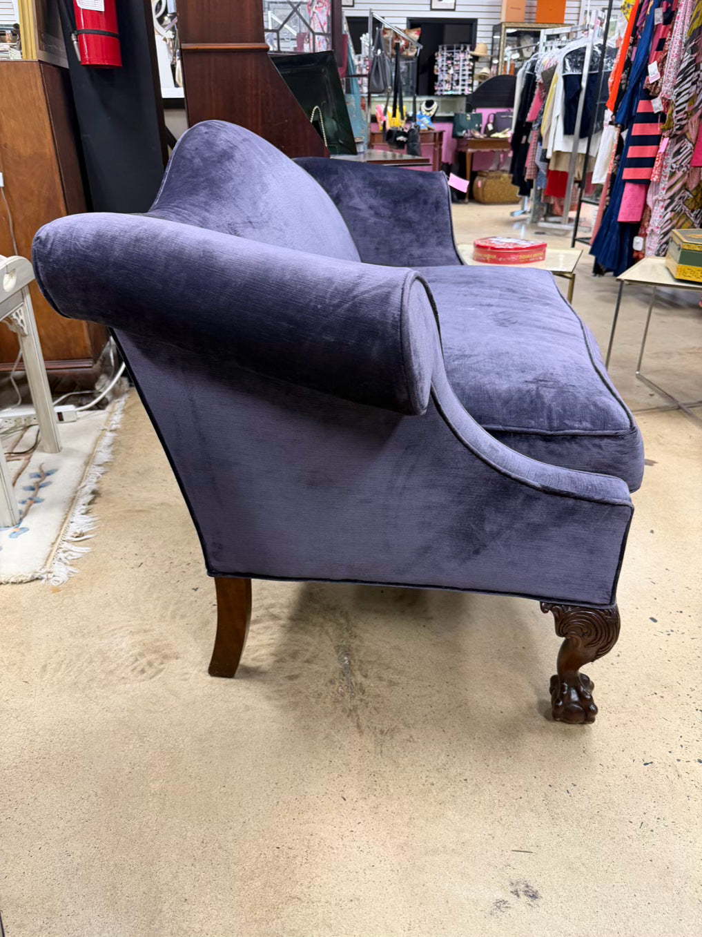 VINTAGE Wood Ball & Claw Love Seat w/ Purple Velveteen Fabric