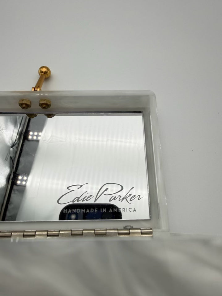 EDIE PARKER Cream & Gold Jean Acrylic Stripe Clutch Bag