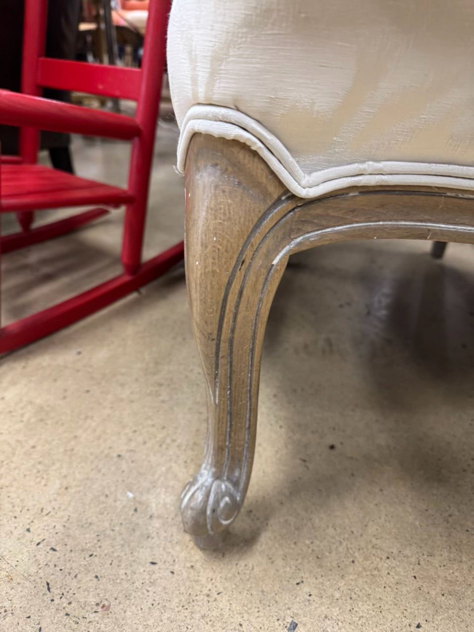 ETHAN ALLEN White Wash Wood & Cream Upholstered French Chair