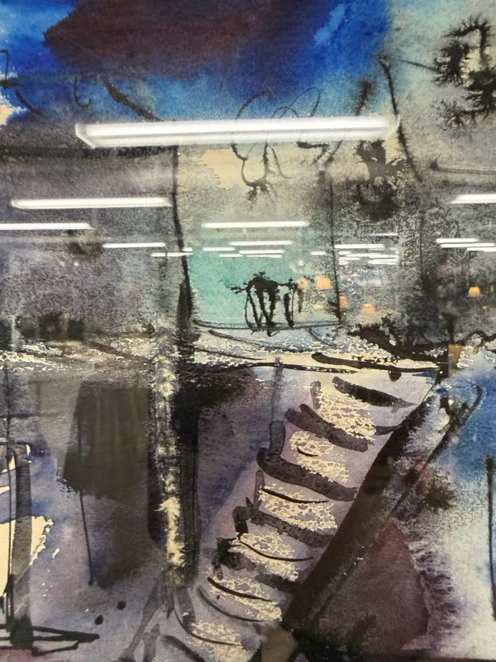 BERKMAN Abstract Waterfront Scene Watercolor In Black Frame