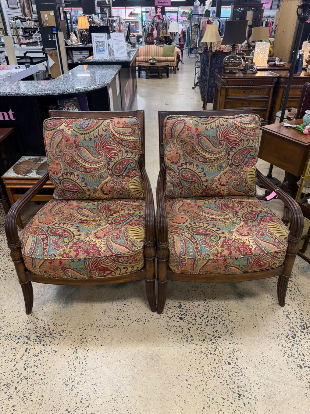 Wood Neo Classical Paisley Print Pair Of Chairs