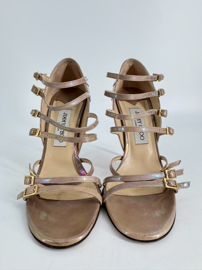 JIMMY CHOO Size 37.5 Metallic Iridescent Leather Atlas Gladiator Pumps