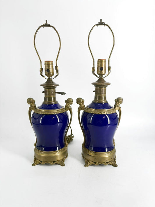 Neo Classical Cobalt Porcelain & Brass Pair Of Lamps