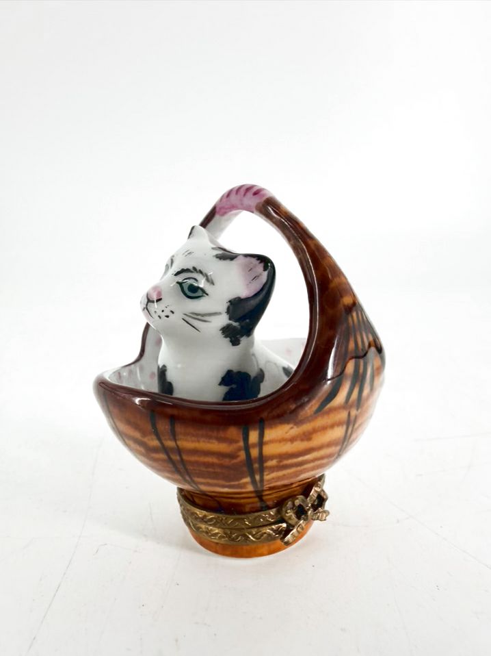 Limoges Black & White Porcelain Cat In Basket Trinket Box