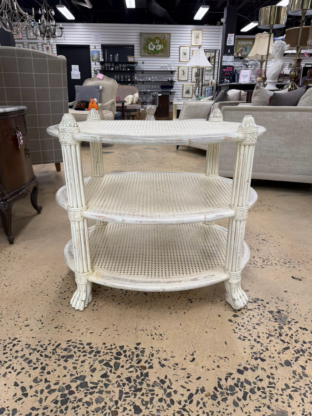 White Wood Occasional 3 Tier Table w/ Cane Shelves
