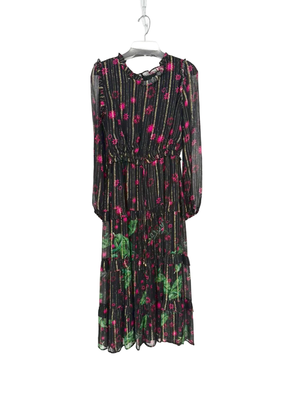 EMILY LOVELOCK Mayene Wmn's Size 8/10 Black & Fuschia Metallic Floral Maxi-Dress NWT
