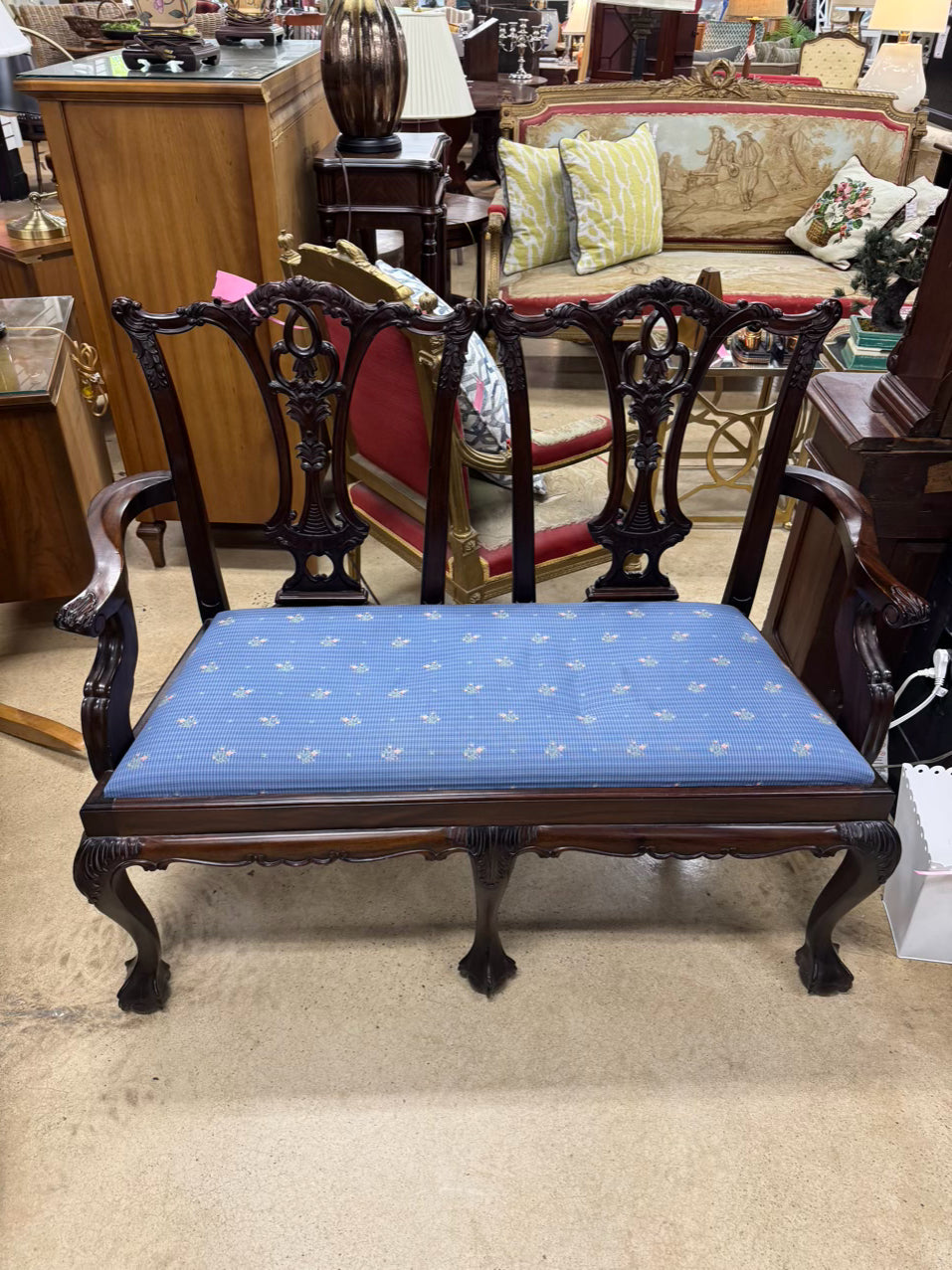 Wood Blue Upholstered 2-Seater Queen Ann Ball & Claw Feet Bench