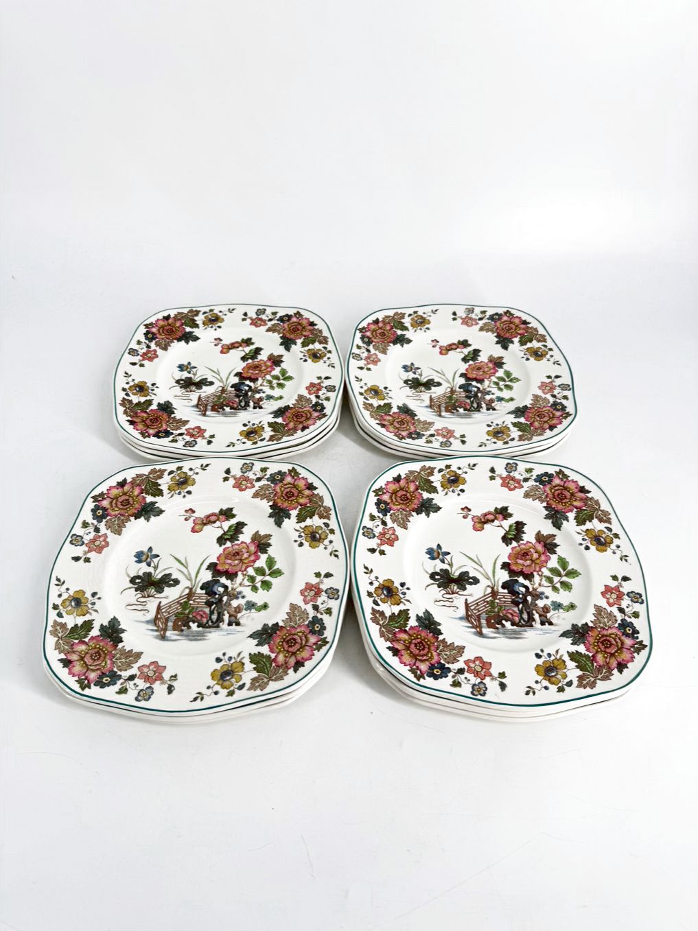 WEDGWOOD White, Rose & Green China Eastern Flowers Set Of 12 Dessert Plates