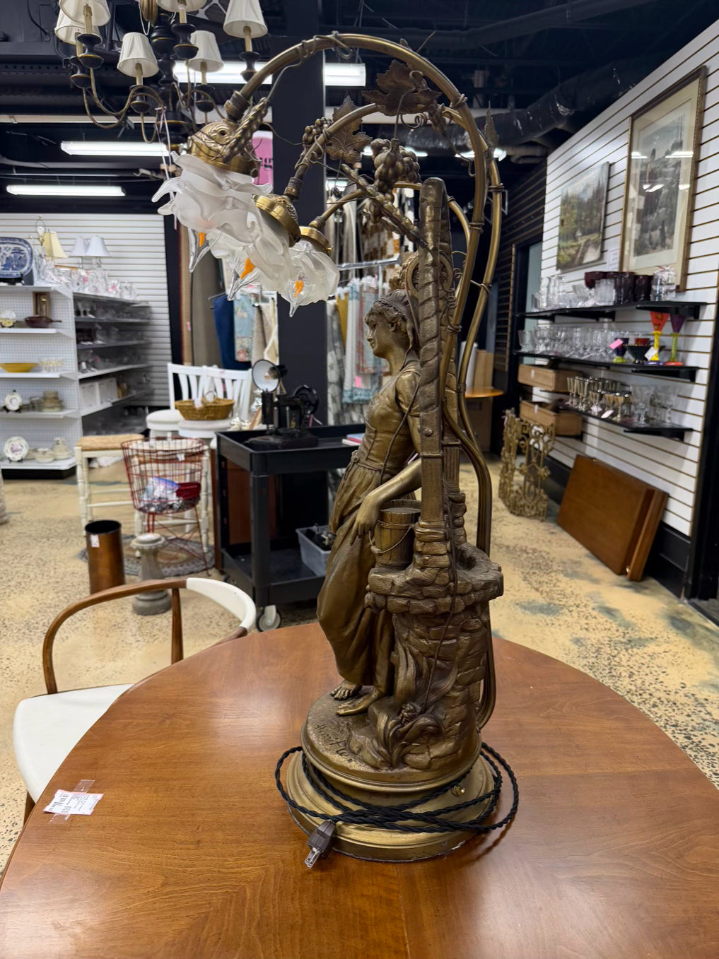 HENRI PLES Art Nouveau Woman by the Well Gold Metal Lamp