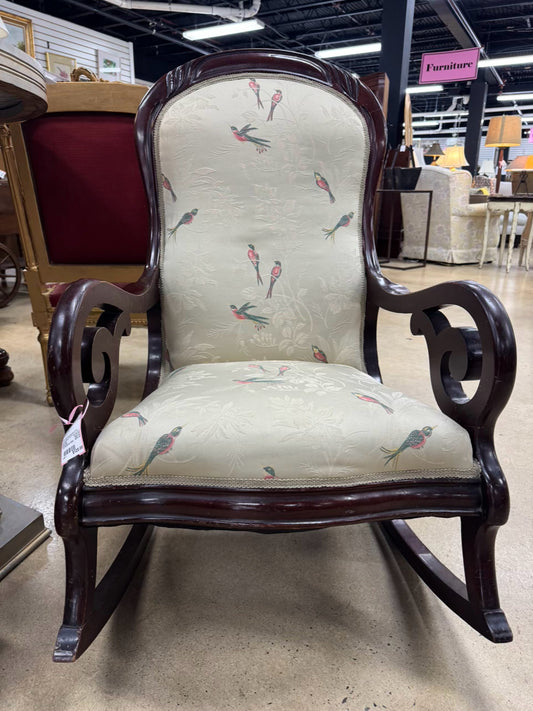 VINTAGE Wood Cream, Pink & Green Birds Upholstered Rocking Chair